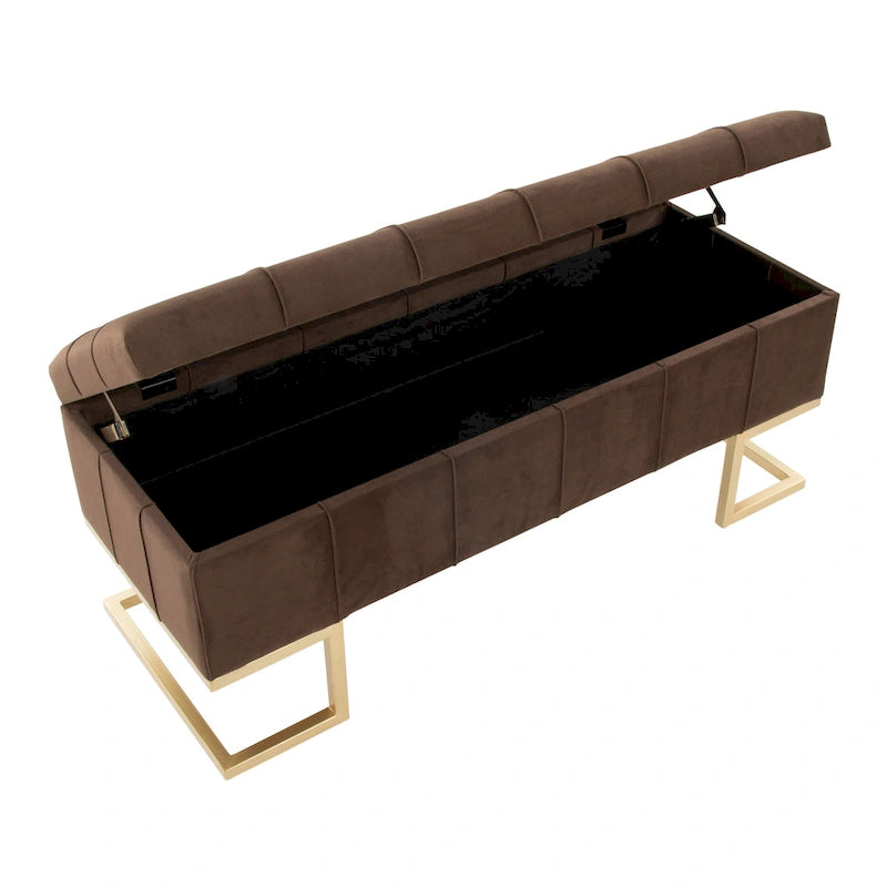 Banc de rangement capitonné en velours blanc/rose avec cadre en métal doré – 2 places