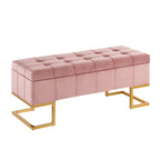 Banc de rangement capitonné en velours blanc/rose avec cadre en métal doré – 2 places