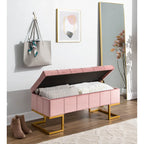 Banc de rangement capitonné en velours blanc/rose avec cadre en métal doré – 2 places
