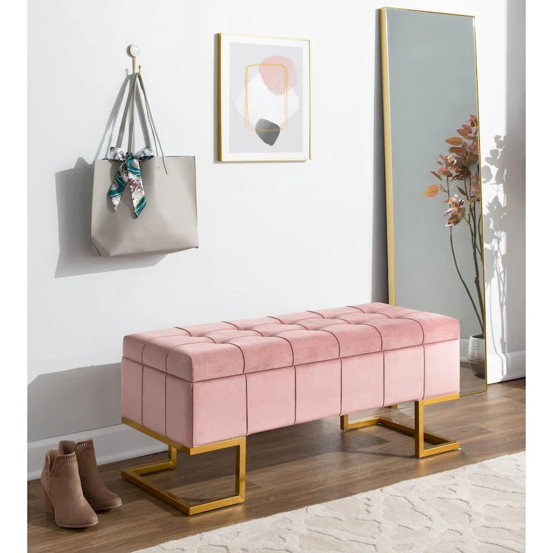 Banc de rangement capitonné en velours blanc/rose avec cadre en métal doré – 2 places