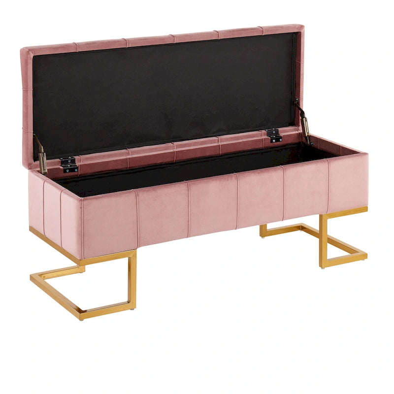 Banc de rangement capitonné en velours blanc/rose avec cadre en métal doré – 2 places