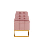 Banc de rangement capitonné en velours blanc/rose avec cadre en métal doré – 2 places