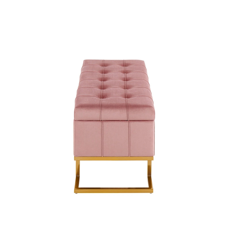Banc de rangement capitonné en velours blanc/rose avec cadre en métal doré – 2 places