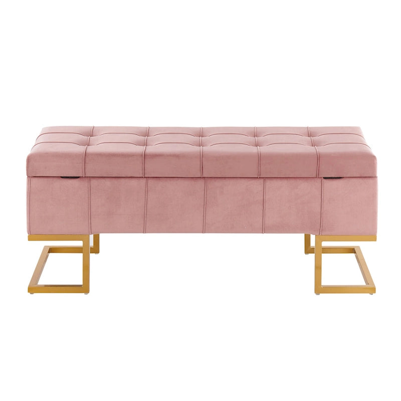 Banc de rangement capitonné en velours blanc/rose avec cadre en métal doré – 2 places
