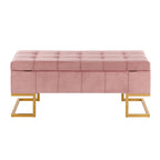 Banc de rangement capitonné en velours blanc/rose avec cadre en métal doré – 2 places