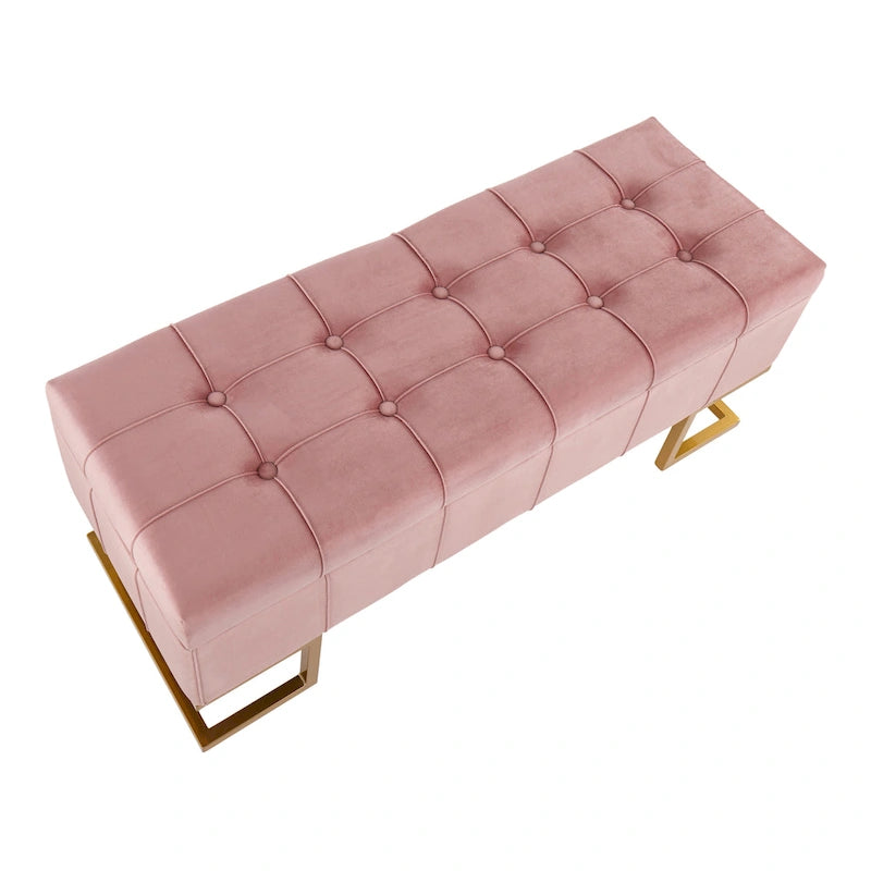 Banc de rangement capitonné en velours blanc/rose avec cadre en métal doré – 2 places