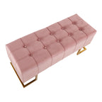 Banc de rangement capitonné en velours blanc/rose avec cadre en métal doré – 2 places