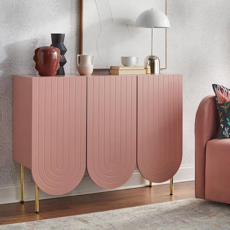 Bahut à 3 portes festonnées en MDF blanc / rose / indigo avec étagères réglables et pieds en métal doré