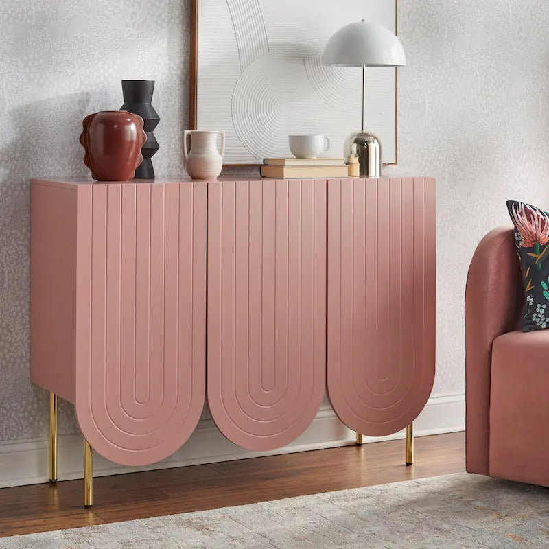 Bahut à 3 portes festonnées en MDF blanc / rose / indigo avec étagères réglables et pieds en métal doré