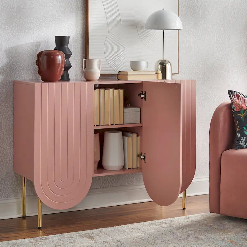 Bahut à 3 portes festonnées en MDF blanc / rose / indigo avec étagères réglables et pieds en métal doré