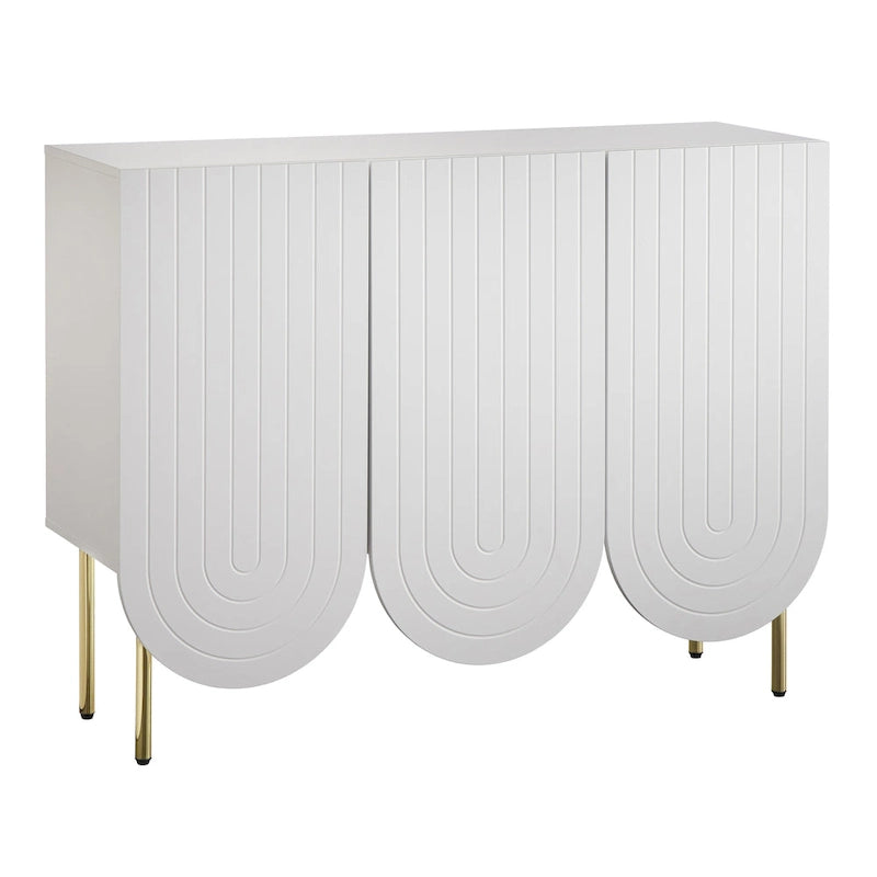 Bahut à 3 portes festonnées en MDF blanc / rose / indigo avec étagères réglables et pieds en métal doré