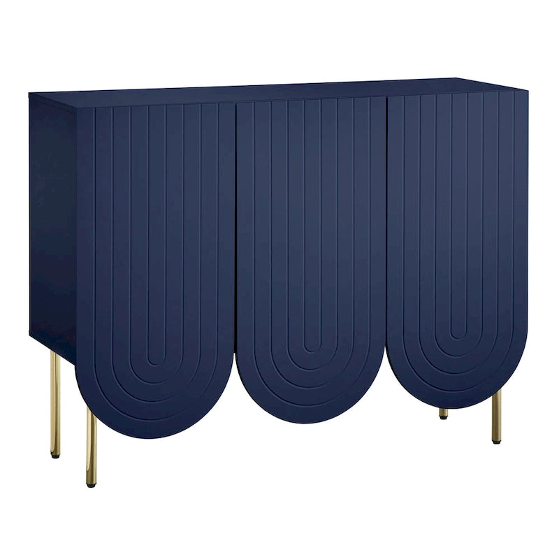 Bahut à 3 portes festonnées en MDF blanc / rose / indigo avec étagères réglables et pieds en métal doré