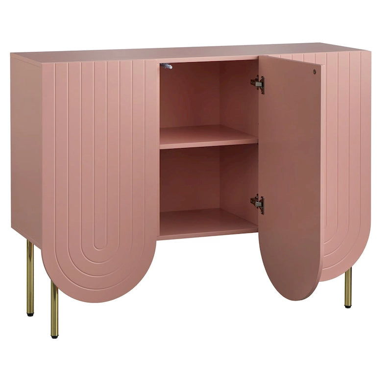 Bahut à 3 portes festonnées en MDF blanc / rose / indigo avec étagères réglables et pieds en métal doré