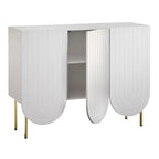 Bahut à 3 portes festonnées en MDF blanc / rose / indigo avec étagères réglables et pieds en métal doré