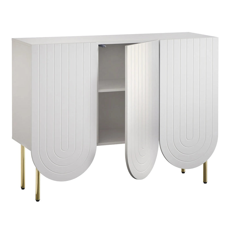 Bahut à 3 portes festonnées en MDF blanc / rose / indigo avec étagères réglables et pieds en métal doré
