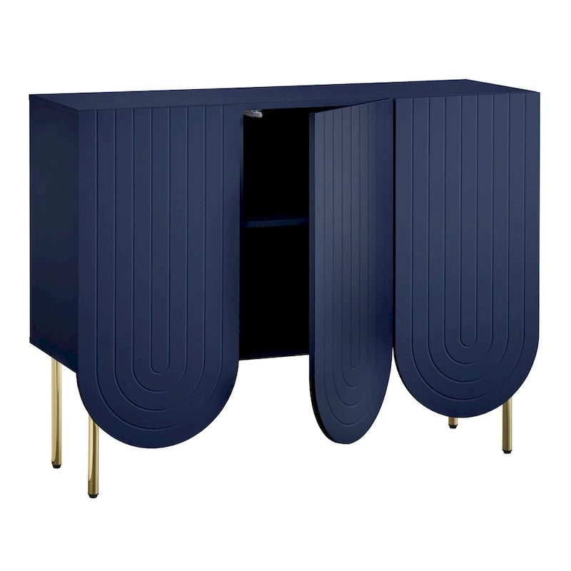 Bahut à 3 portes festonnées en MDF blanc / rose / indigo avec étagères réglables et pieds en métal doré