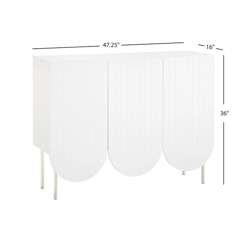 Bahut à 3 portes festonnées en MDF blanc / rose / indigo avec étagères réglables et pieds en métal doré