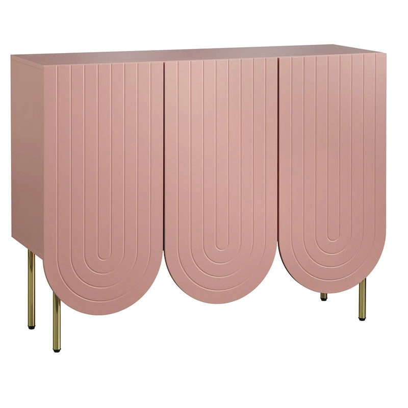 Bahut à 3 portes festonnées en MDF blanc / rose / indigo avec étagères réglables et pieds en métal doré