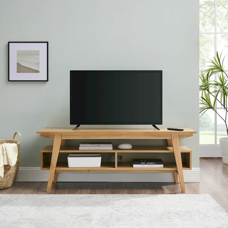 Meuble TV en placage teinté frêne anglais / noir avec 2 étagères ouvertes et gestion des câbles – 119 cm