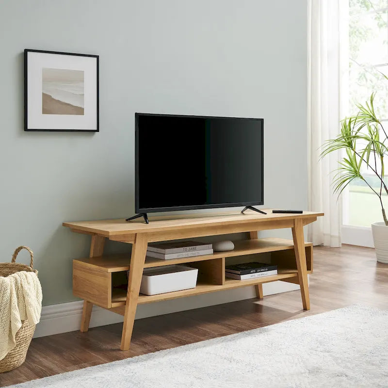 Meuble TV en placage teinté frêne anglais / noir avec 2 étagères ouvertes et gestion des câbles – 119 cm