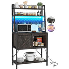 Étagère de boulanger à 5 niveaux en fer blanc/marron/chêne avec bande LED RGB, armoire à porte coulissante en X et 2 prises AC + 2 prises USB