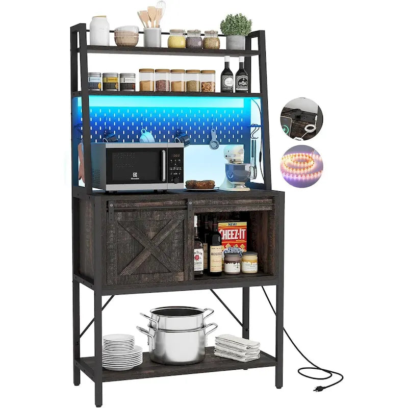 Étagère de boulanger à 5 niveaux en fer blanc/marron/chêne avec bande LED RGB, armoire à porte coulissante en X et 2 prises AC + 2 prises USB