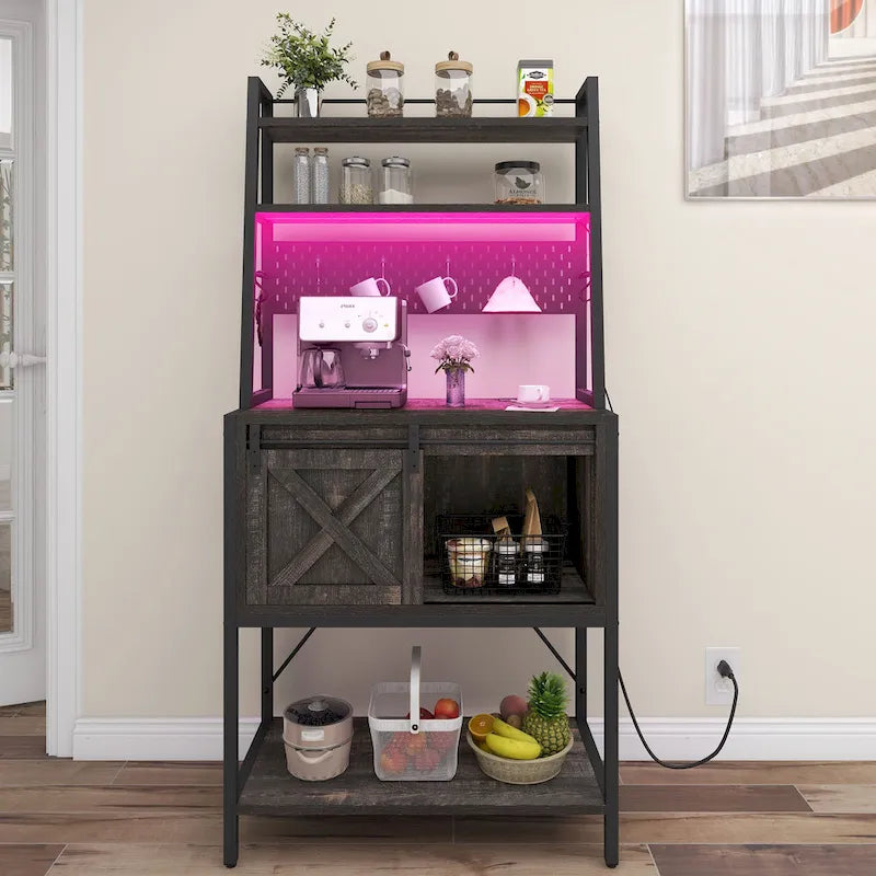 Étagère de boulanger à 5 niveaux en fer blanc/marron/chêne avec bande LED RGB, armoire à porte coulissante en X et 2 prises AC + 2 prises USB