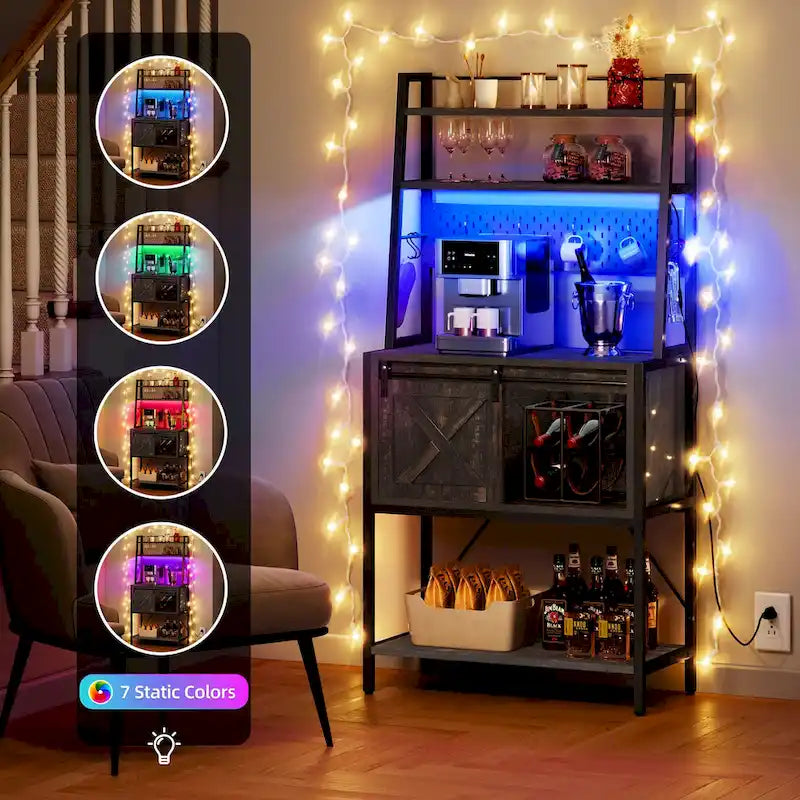 Étagère de boulanger à 5 niveaux en fer blanc/marron/chêne avec bande LED RGB, armoire à porte coulissante en X et 2 prises AC + 2 prises USB