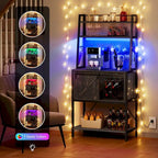 Étagère de boulanger à 5 niveaux en fer blanc/marron/chêne avec bande LED RGB, armoire à porte coulissante en X et 2 prises AC + 2 prises USB