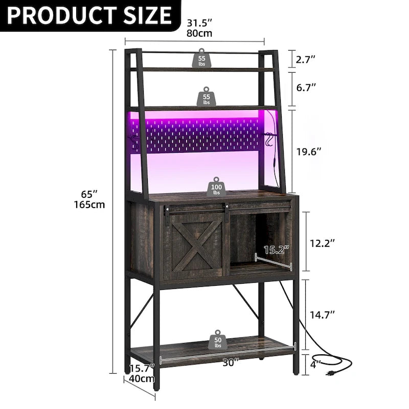 Étagère de boulanger à 5 niveaux en fer blanc/marron/chêne avec bande LED RGB, armoire à porte coulissante en X et 2 prises AC + 2 prises USB