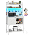 Étagère de boulanger à 5 niveaux en fer blanc/marron/chêne avec bande LED RGB, armoire à porte coulissante en X et 2 prises AC + 2 prises USB