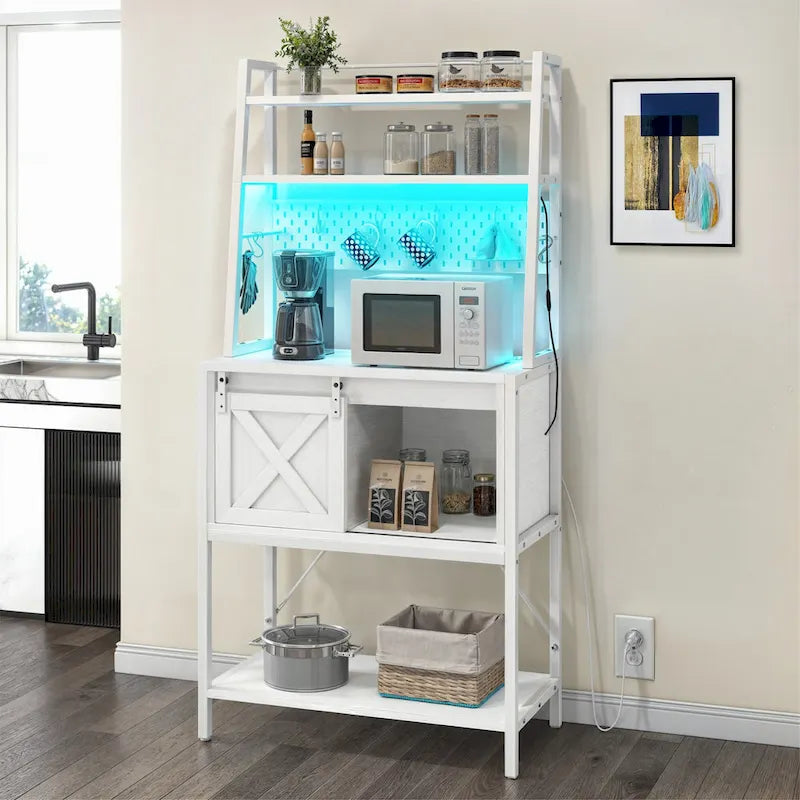 Étagère de boulanger à 5 niveaux en fer blanc/marron/chêne avec bande LED RGB, armoire à porte coulissante en X et 2 prises AC + 2 prises USB