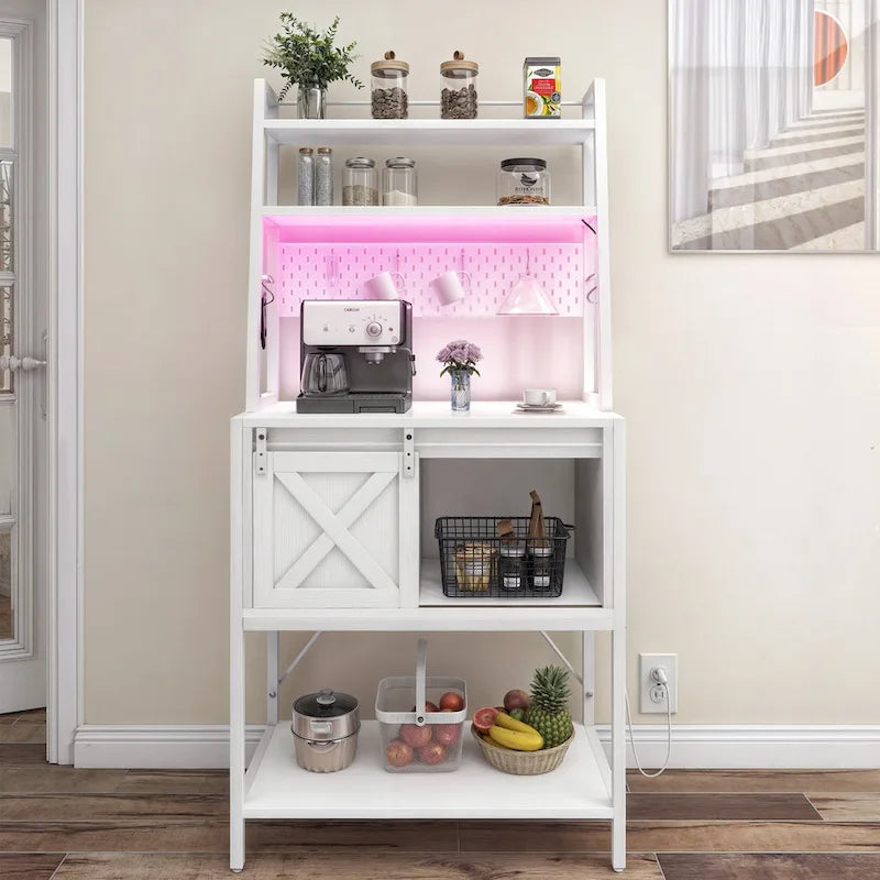 Étagère de boulanger à 5 niveaux en fer blanc/marron/chêne avec bande LED RGB, armoire à porte coulissante en X et 2 prises AC + 2 prises USB