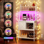 Étagère de boulanger à 5 niveaux en fer blanc/marron/chêne avec bande LED RGB, armoire à porte coulissante en X et 2 prises AC + 2 prises USB