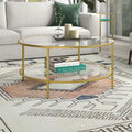 Table basse ronde avec plateau en verre et étagère inférieure – Laiton / Blanc / Nickel / Bleu Mykonos – 91 cm