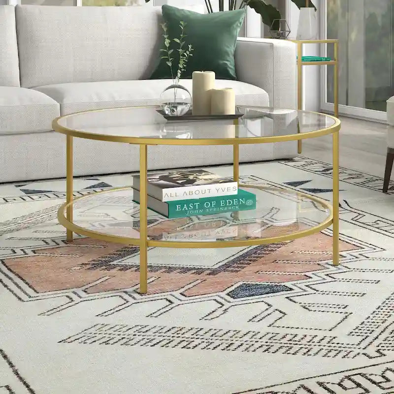 Table basse ronde avec plateau en verre et étagère inférieure – Laiton / Blanc / Nickel / Bleu Mykonos – 91 cm