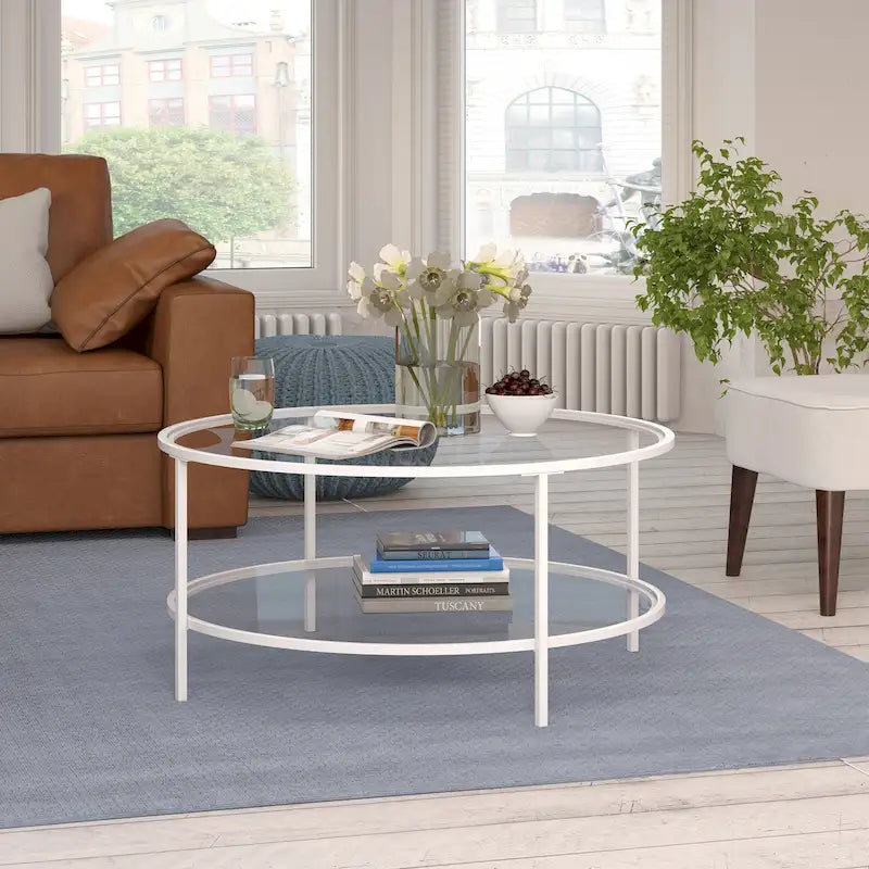 Table basse ronde avec plateau en verre et étagère inférieure – Laiton / Blanc / Nickel / Bleu Mykonos – 91 cm