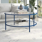 Table basse ronde avec plateau en verre et étagère inférieure – Laiton / Blanc / Nickel / Bleu Mykonos – 91 cm