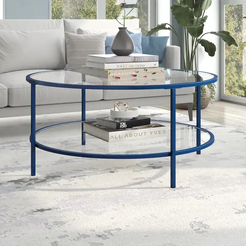 Table basse ronde avec plateau en verre et étagère inférieure – Laiton / Blanc / Nickel / Bleu Mykonos – 91 cm