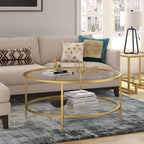 Table basse ronde avec plateau en verre et étagère inférieure – Laiton / Blanc / Nickel / Bleu Mykonos – 91 cm