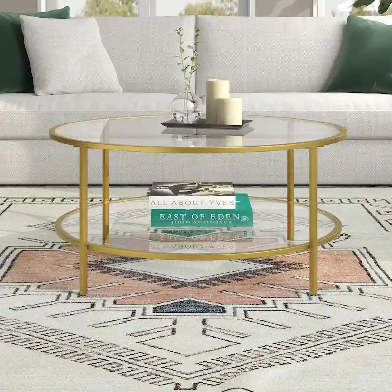 Table basse ronde avec plateau en verre et étagère inférieure – Laiton / Blanc / Nickel / Bleu Mykonos – 91 cm