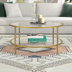 Table basse ronde avec plateau en verre et étagère inférieure – Laiton / Blanc / Nickel / Bleu Mykonos – 91 cm