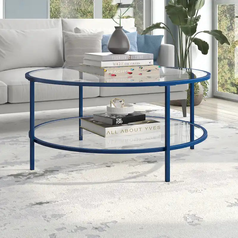 Table basse ronde avec plateau en verre et étagère inférieure – Laiton / Blanc / Nickel / Bleu Mykonos – 91 cm