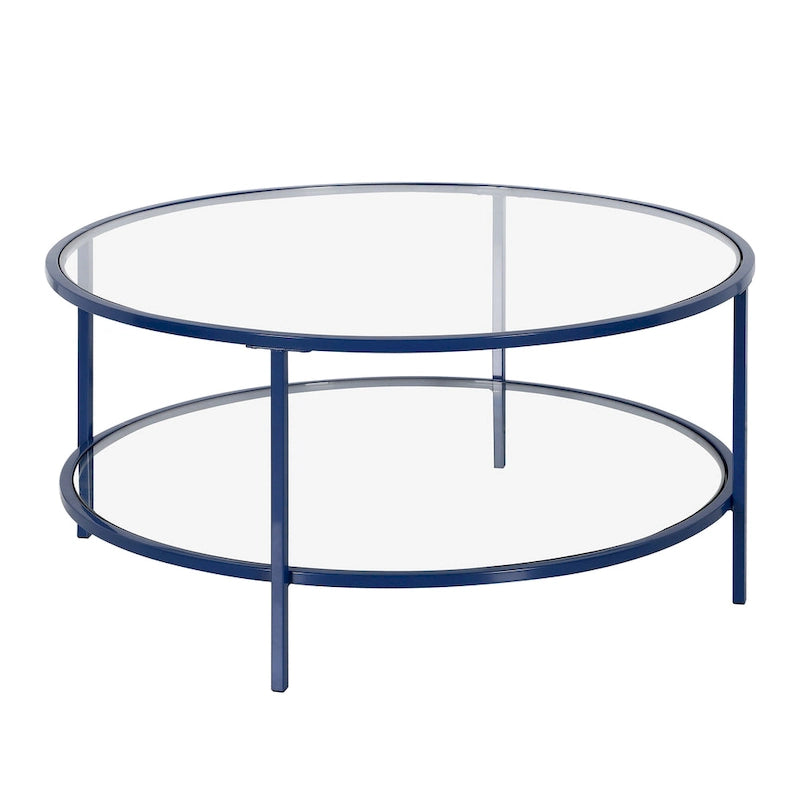 Table basse ronde avec plateau en verre et étagère inférieure – Laiton / Blanc / Nickel / Bleu Mykonos – 91 cm