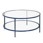 Table basse ronde avec plateau en verre et étagère inférieure – Laiton / Blanc / Nickel / Bleu Mykonos – 91 cm