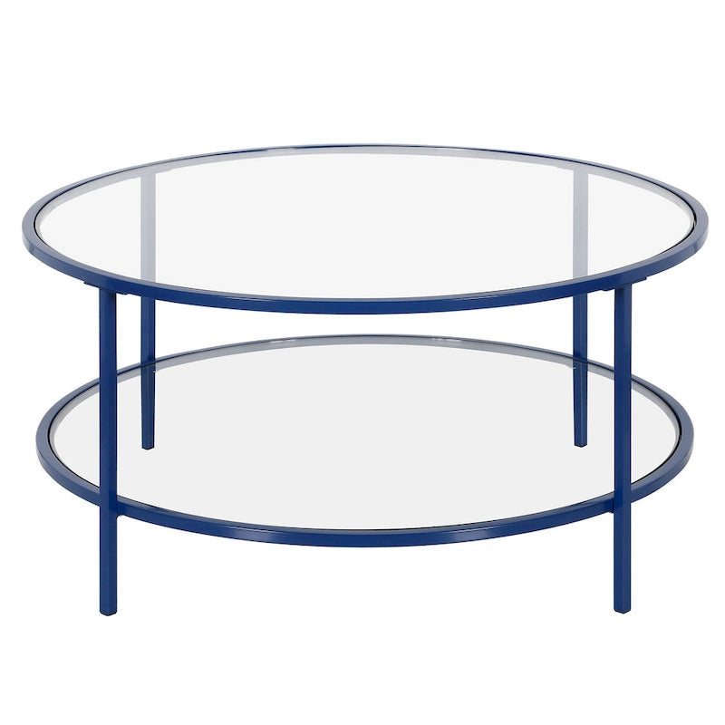 Table basse ronde avec plateau en verre et étagère inférieure – Laiton / Blanc / Nickel / Bleu Mykonos – 91 cm