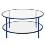 Table basse ronde avec plateau en verre et étagère inférieure – Laiton / Blanc / Nickel / Bleu Mykonos – 91 cm