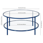 Table basse ronde avec plateau en verre et étagère inférieure – Laiton / Blanc / Nickel / Bleu Mykonos – 91 cm