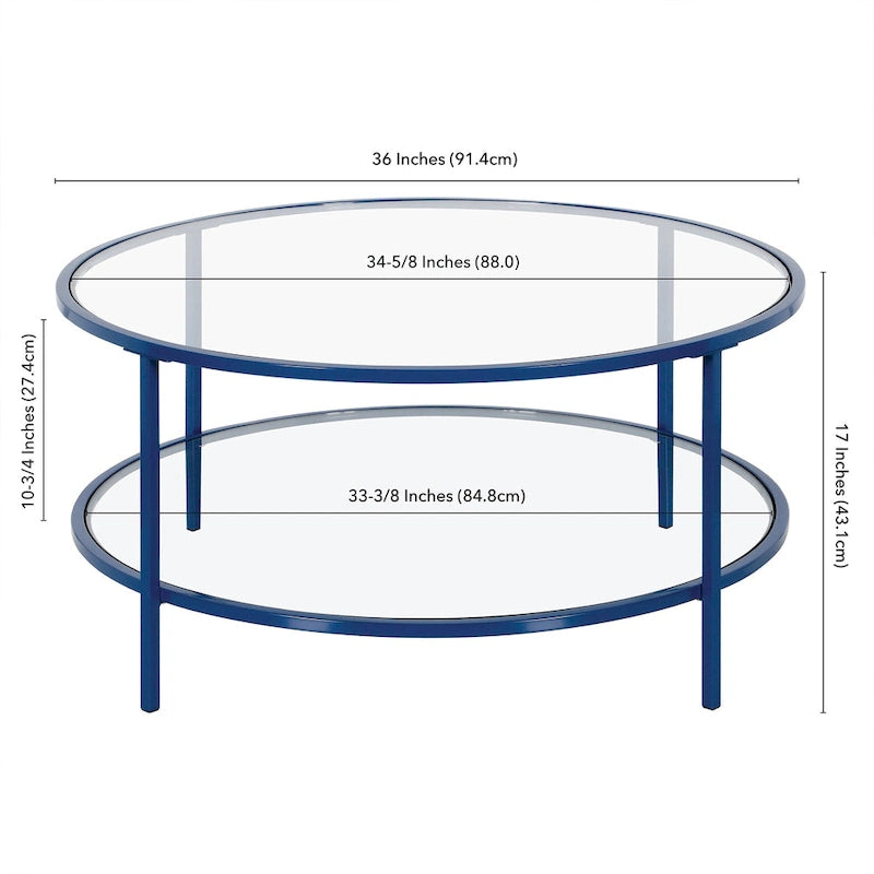 Table basse ronde avec plateau en verre et étagère inférieure – Laiton / Blanc / Nickel / Bleu Mykonos – 91 cm