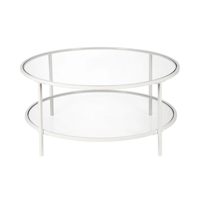 Table basse ronde avec plateau en verre et étagère inférieure – Laiton / Blanc / Nickel / Bleu Mykonos – 91 cm